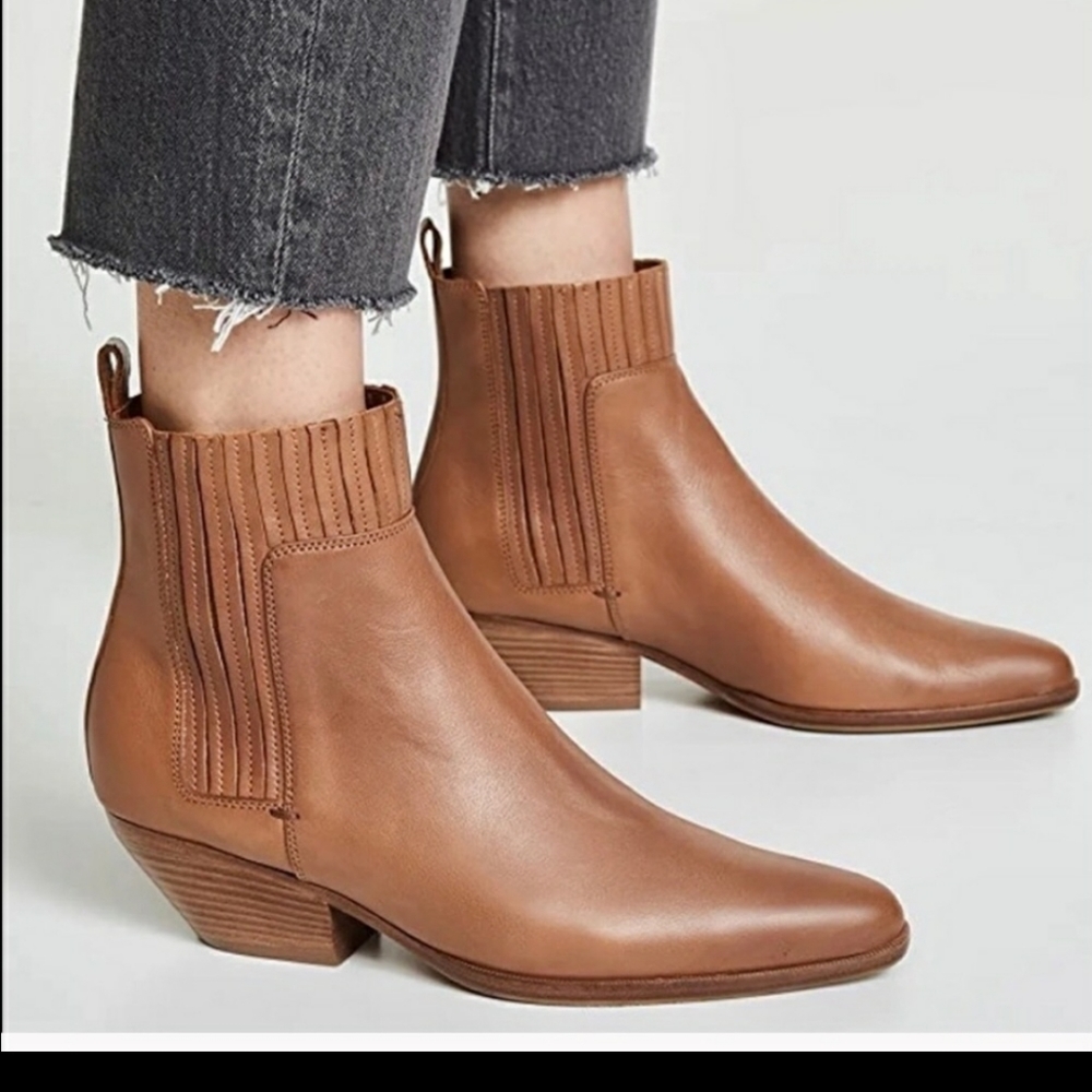 Vince. Eckland tan pointed toe ankle booties